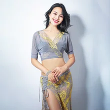 Новая женская одежда для танца живота костюмы юбка для танца живота+ сексуальный V воротник Топ 2 шт