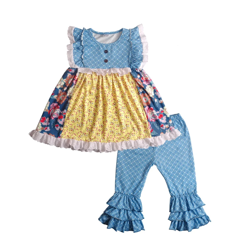 

New Arrival Knitted Cotton Spring Summer Girls Sets Sleeveless Print Ruffle Pants Matching Dress Without Headband 2GK812-946