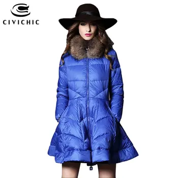 

CIVICHIC Women's High Grade Raccoon Fur Collar Down Jacket Warm Mid Long Coat Skirt Hem Eiderdown Parka Mantle Style Wear DC587