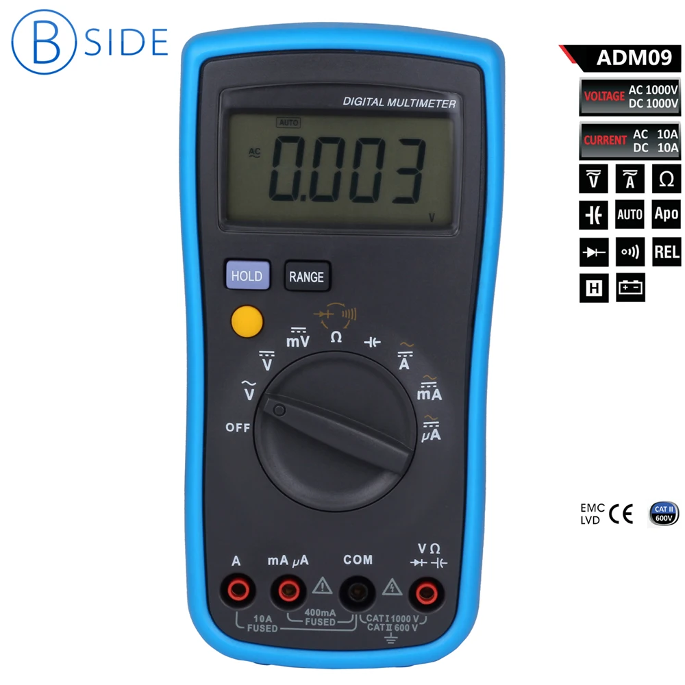 Bside ADM09 AC/DC Auto & Manual Ranging Digital Multimeter Display 4000 Counts CAT II 600Vin