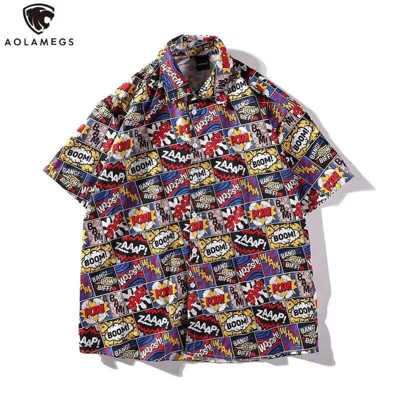 

Aolamegs Shirts Men Funny Color Block Male Shirts Thin Casual Short Sleeve Shirts Hip Hop Cute Letter Print Summer Streetwear