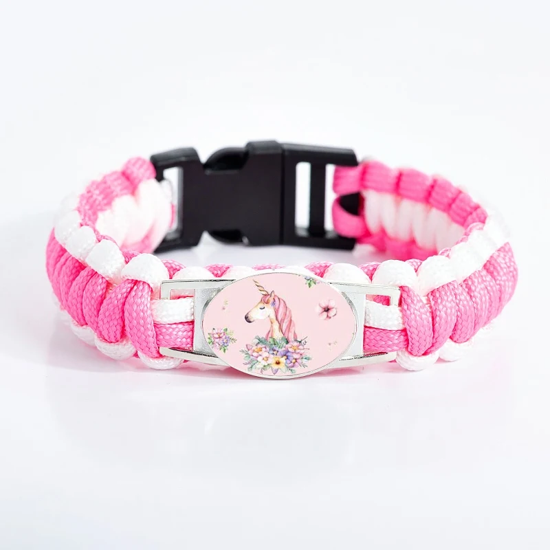 

Kawaii Pink Unicorn Bracelet Cute Horse Paracord Oval Glass Bracelets For Girls Kids Women Handmade Rope Jewelry Accessories