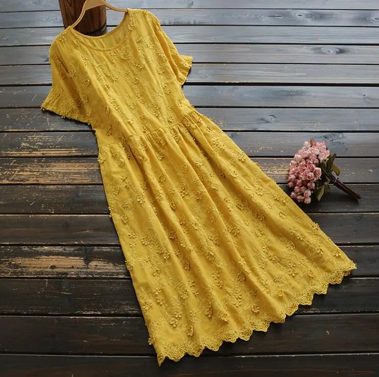 Mori Girl, винтажное женское платье с цветами, хлопок, новое летнее однотонное платье с круглым вырезом, элегантное модное белое свободное платье YoYiKamomo - Цвет: Цвет: желтый