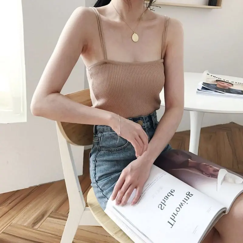 Корейский минималистский для женщин без рукавов ребристые вязаный жилет двойной спагетти бретели для нижнего белья однотонные цвет камзол