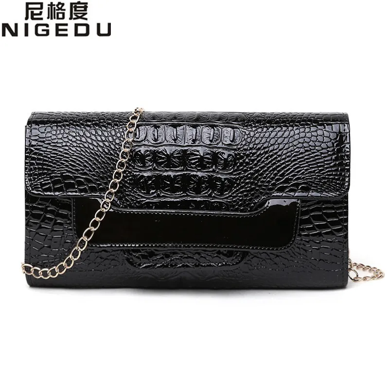NIGEDU Brand Crocodile clutch purse Luxury Party evening bags Patent Leather Shoulder Bag for women Chain