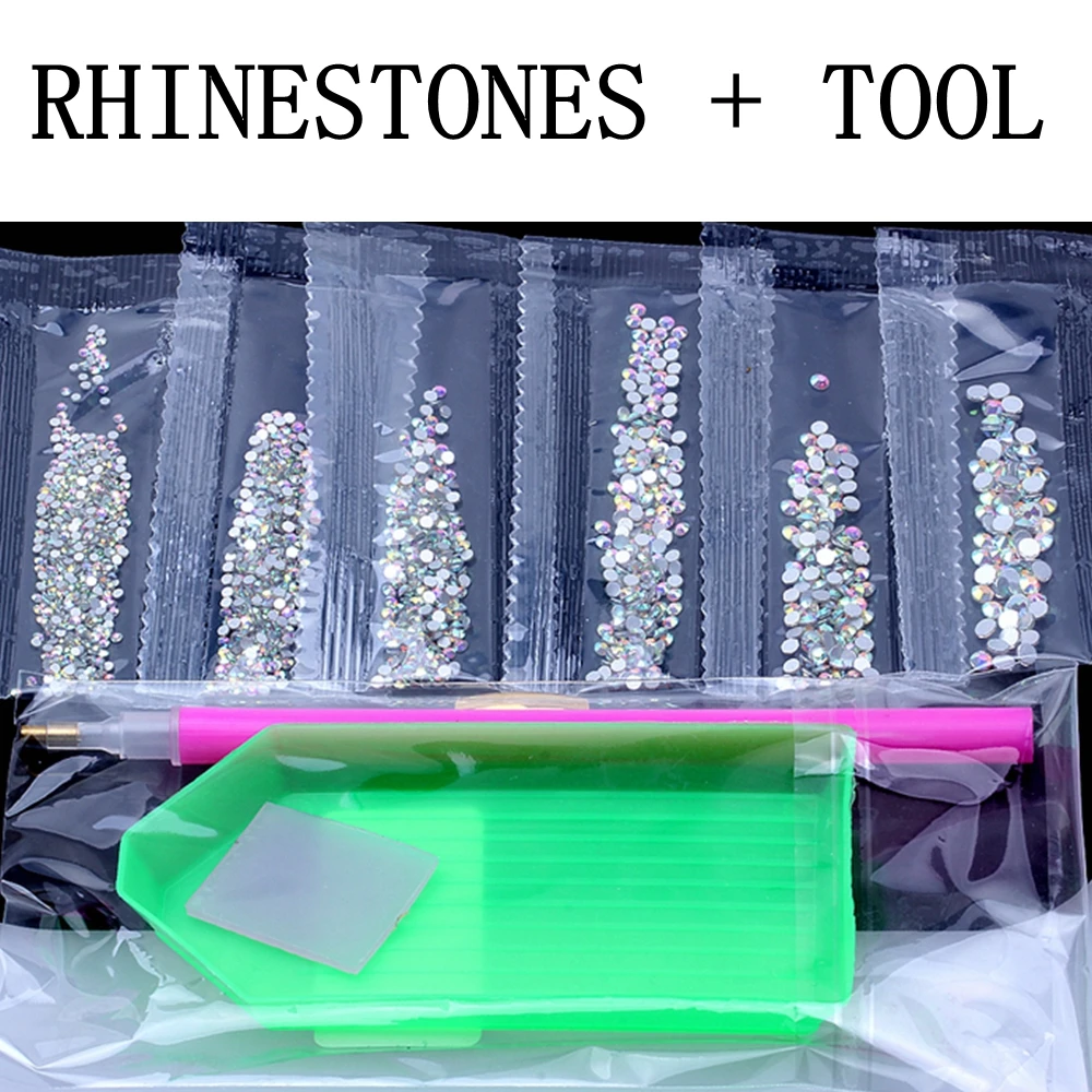 Nail Art Decoration 6G 1500PCS SS3-SS10 Crystal Rhinestones AB Flat Back Nail Rhinestone 3D Non HotFix DIY Tool Glass Manicure - Цвет: Clear AB and Tool