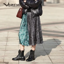 Новинка, эластичная высокая талия, плиссированная длинная юбка в стиле пэчворк, Женская Корейская уличная юбка до середины икры в горошек с цветочным принтом, Женская юбка VERLENA