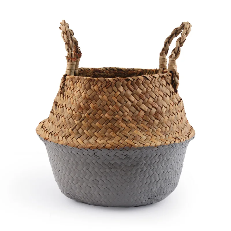 Бамбуковые корзины для грязного белья ручной работы, плетеная корзина из ротанга с соломенным плетением, цветочный горшок, корзина для растений - Цвет: Grey