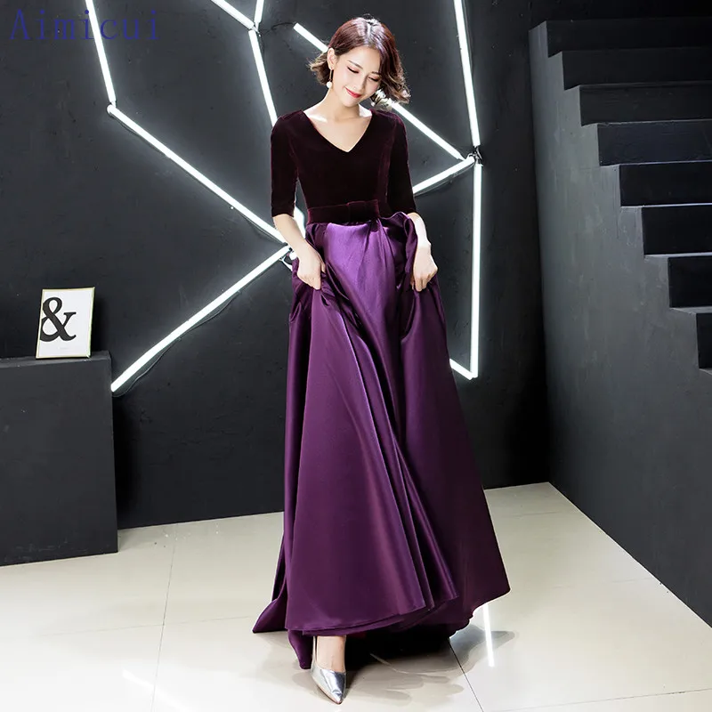 

New Purple Evening Dress V-Neck A-Line Floor Length Velour Prom Dress Party Vestido Longo De Festa Gowns for Women Half Sleeves