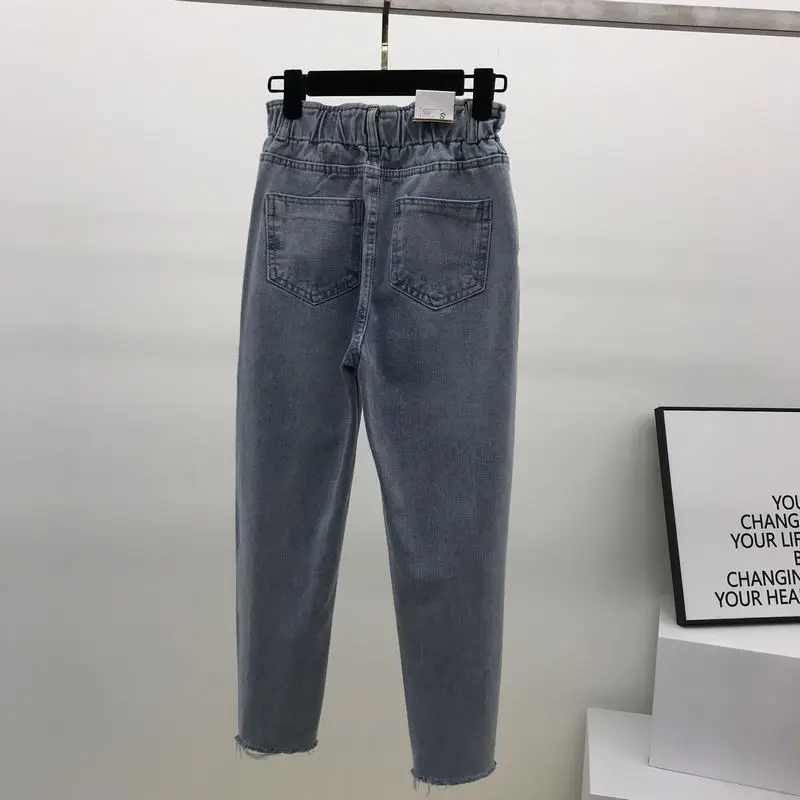 Pantalon Étudiants Chaude Déchiré Ciel Bande Printemps Pu Femme Lâche Mode Jeans Verticale Taille Nouvelle 2019 Denim Détendue forés Casual 0aEgR