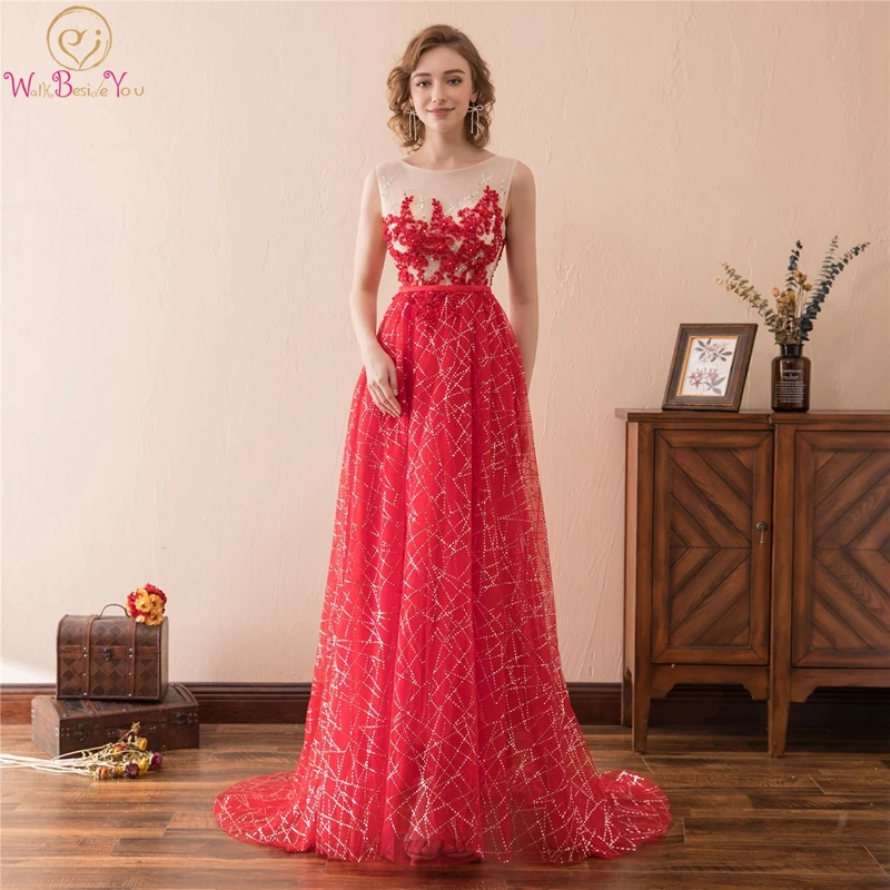 

2019 Prom Dresses A-line Sleeveless O-neck Sweep Train Illusion Sequined Lace Beading Appliques Red Popular New Evening Dress
