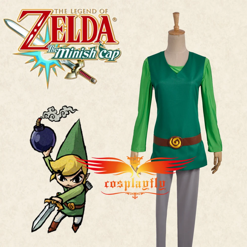 

Game The Legend of Zelda: Four Swords Adventures Link Green Version Cosplay Costume with Twinset V Neck Coat Sashes Tights, Hat
