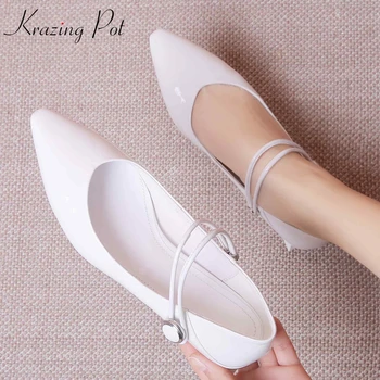 

Krazing Pot new natural leather elastic band brand shoes elastic band pointed toe strange low heel solid color shallow pumps Ls6