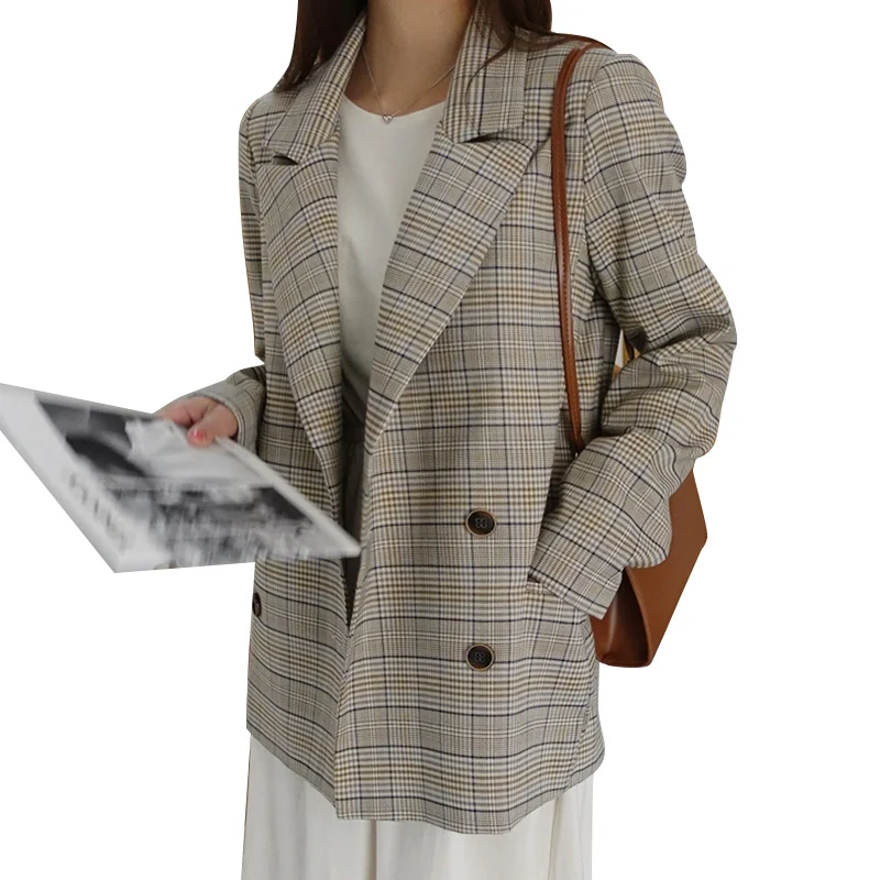 Женская куртка, осень, популярный женский свободный простой ретро клетчатый двубортный маленький Блейзер, S-XL