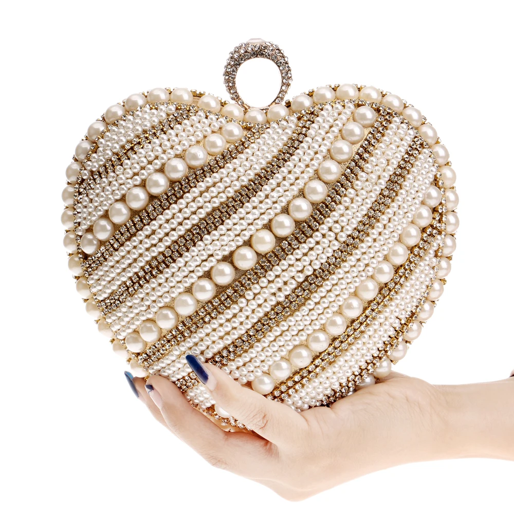 Buy Heart design women evening bags beaded wedding handbags rhinestones chain