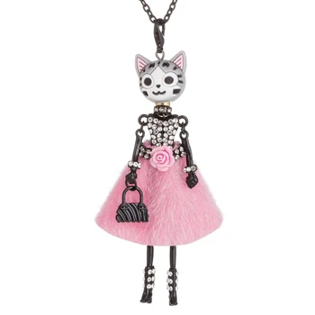 

HOCOLE New Flower Doll Necklace Lovely Cat head Long Chain Pendant Statement Rhinestone Doll Necklaces Women female Jewelry 2019