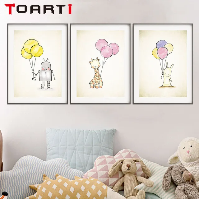 Cartoon Konijn Giraffe Robot Holding Ballon Muur A4 Canvas Cartoon Konijn Giraffe Robot Holding Ballon Muur A4 Canvas Schilderij Print Poster Foto Voor Baby