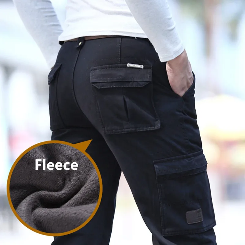  2019 Fleece Warm Winter Cargo Pants Men Casual Loose Multi-pocket Men's Clothes Military Army Green