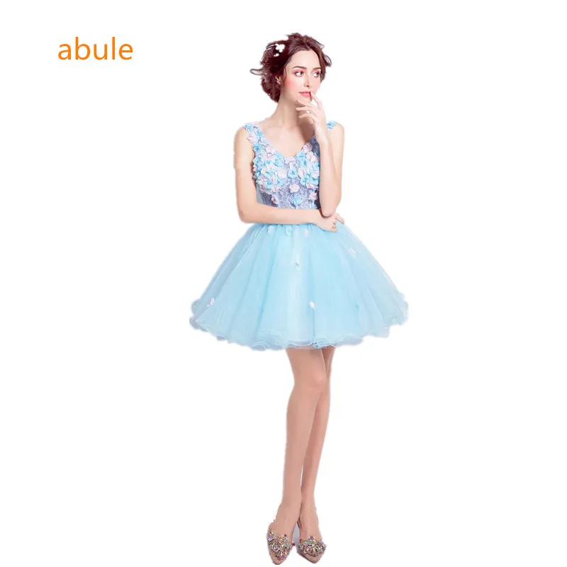 

abule 2017 blue short evening dress lace flowers lace-up prom dresses party dresses v-neck Robe De Soiree free shipping