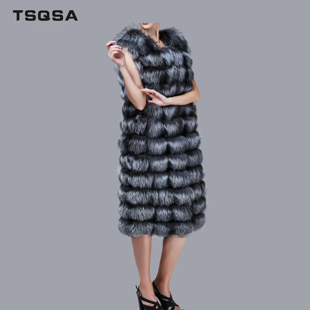 Pelt Réel gray Fourrure Naturel Pardessus Tc1717 Vêtements Manteau Renard Femmes Hiver Chaud Pleine Femme De Sleeeveless Natural Mode Longue Rouge rOB1qwr