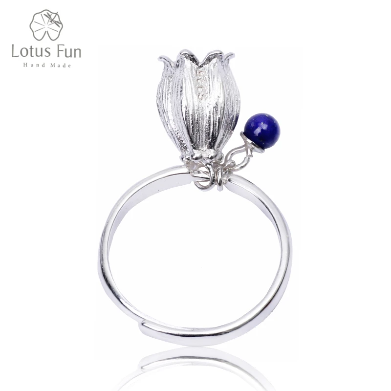 Lotus Fun Real 925 Sterling Silver Natural Lapis Stone Handmade Creative Designer Fine Jewelry Redbud Flower Female Rings Bijoux
