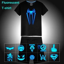Лето Неон Флуоресцентный паук Человек-паук Супермен печатных Повседневное Детская Хлопковая футболка футболки Для мужчин комплекты футболки шорты брюки
