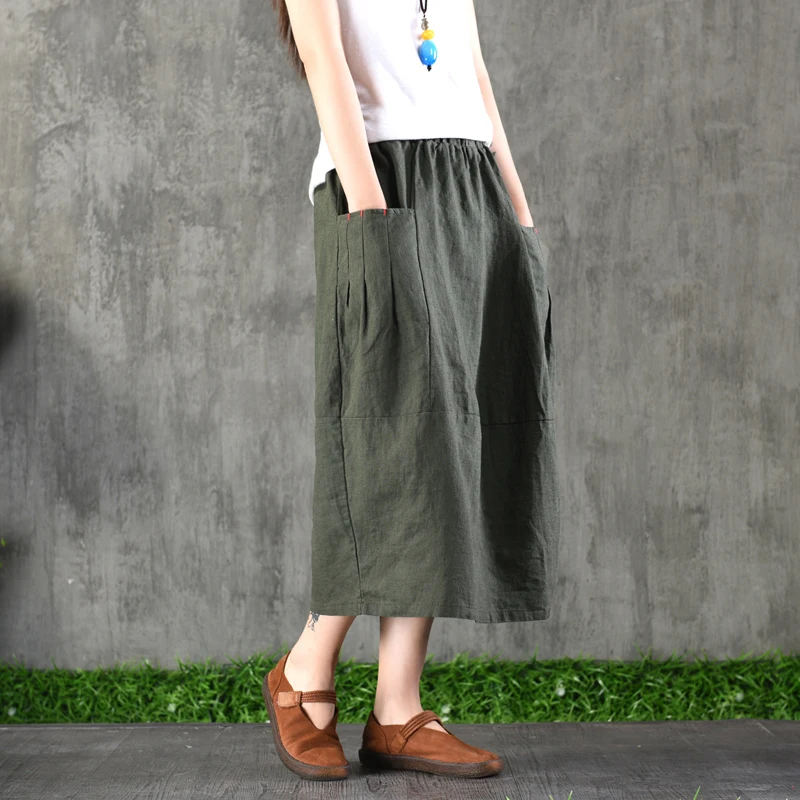 beige Hot Summer Waist coffee A Solid Green Skirts Yellow Vintage Elastic khaki 2019 Color Women deep Linen Saia Faldas Sale Cotton line Olive rwr0P1q
