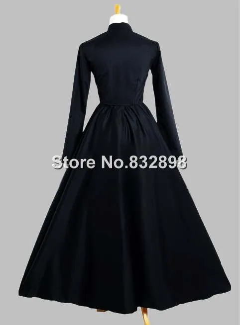 Botão na Parte da Frente da Era Vestido de Seda Gótico Preto Vitoriana Tailandesa 4 Gótico Preto Botão na Parte Da Frente