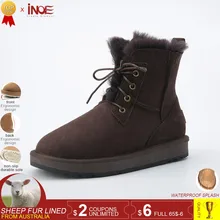 INOE fashion style genuine sheepskin leather fur lined men ankle winter snow boots for man lace up casual winter shoes Black