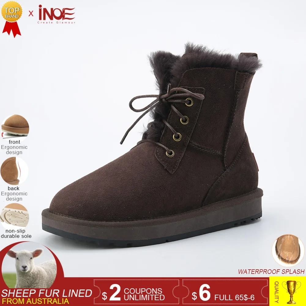 

INOE fashion style genuine sheepskin leather fur lined men ankle winter snow boots for man lace up casual winter shoes Black