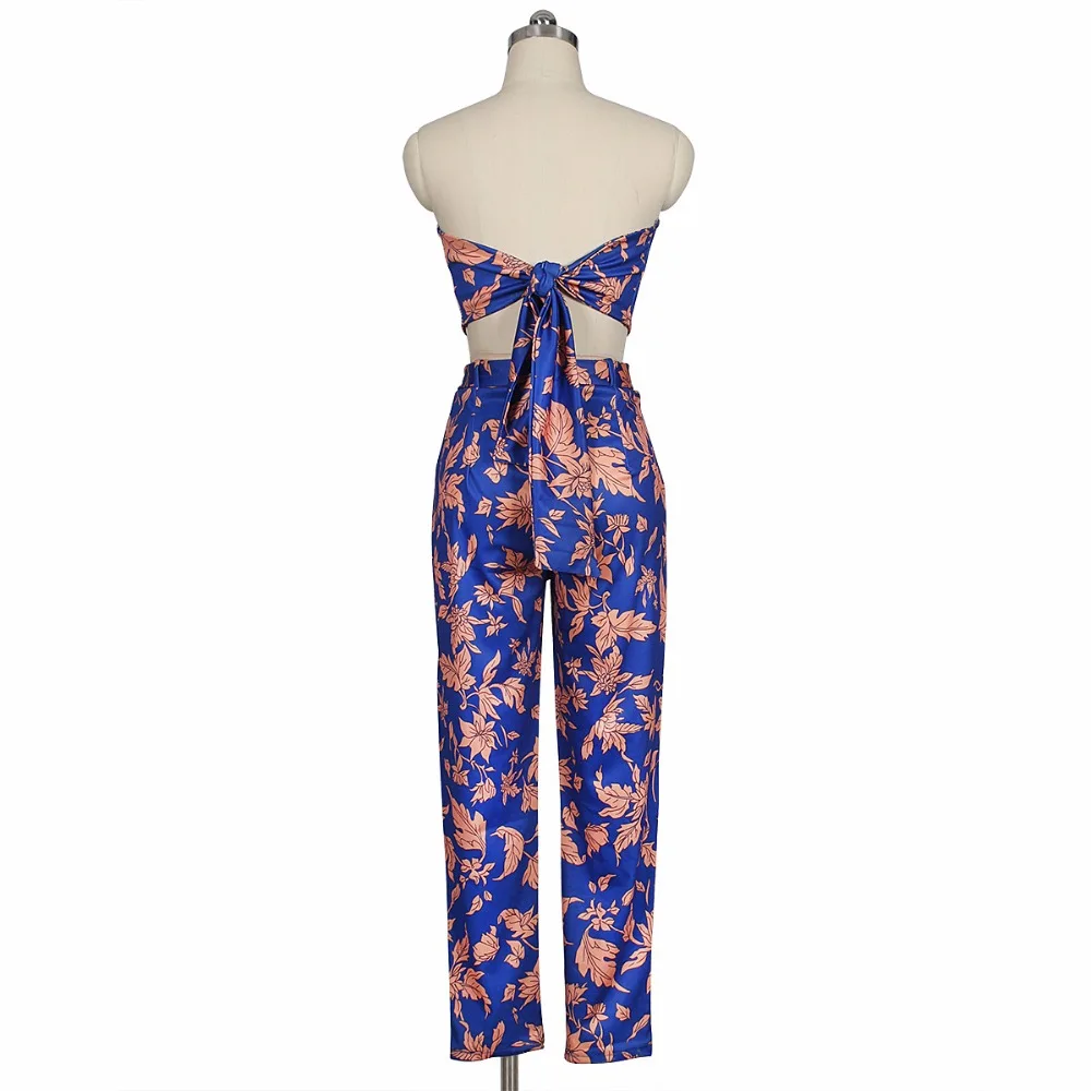 Newest Printed Two Piece Set Sexy Women Strapless Back Bandage Crop Top&High Waist Lace-up Long Pants 2 Piece Set Summer 2 color Women's Sets