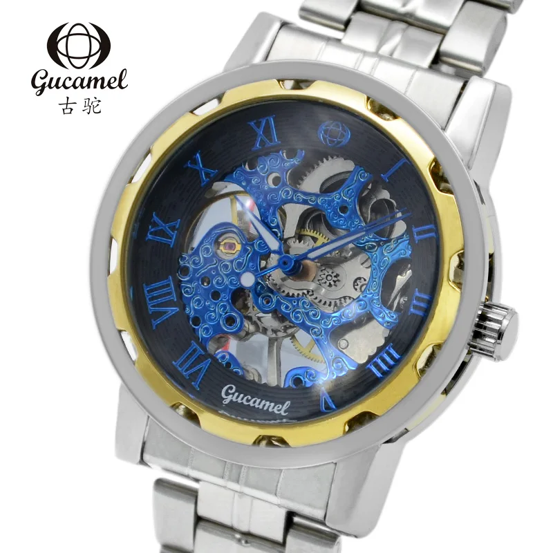 

Luxury Unique M Accurate Automatic Mechanical Watches Blue Pattern Clear Hollow Design Business Wristwatches Men Clock