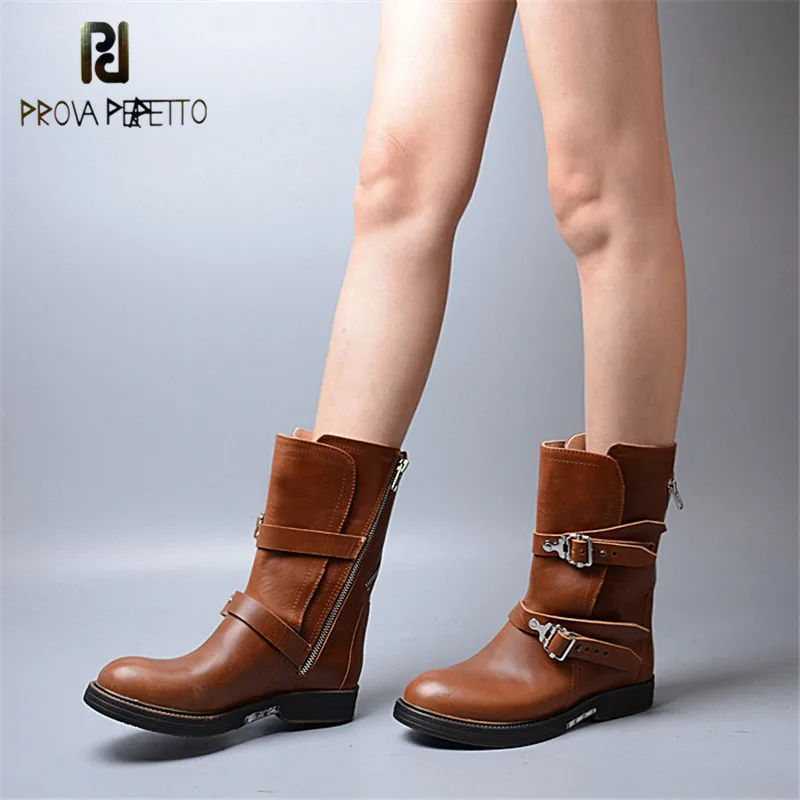 

Prova Perfetto British Style Winter Elegant Buckle Strap Woman Boots Sheep Gneuine Leather Thickness Bottom Mid High Boots