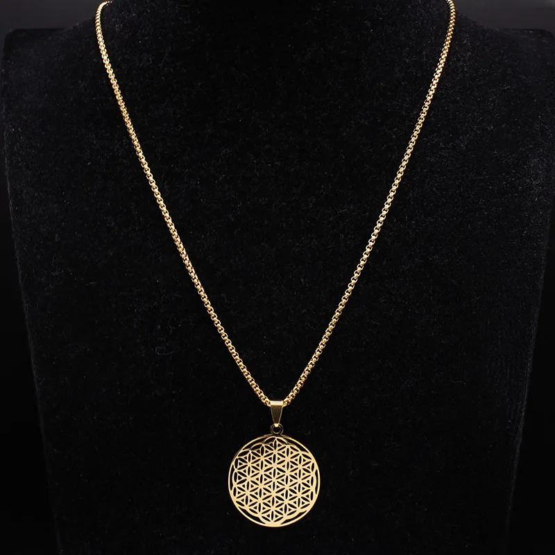 Virágos bel Élet Rozsdamentes Acél stv Nyakdísz számára Nők férfiak Arany színben Mandala metatron necklaces ékszer collares Para mujer