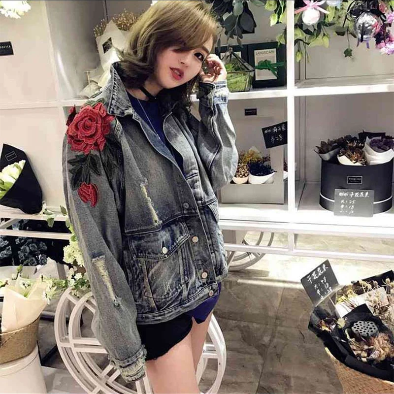 remarkable  Jeans Coat Women Rose Clothes Hip Hop Coat Fashion Flowers Jackets Us Size S-XL