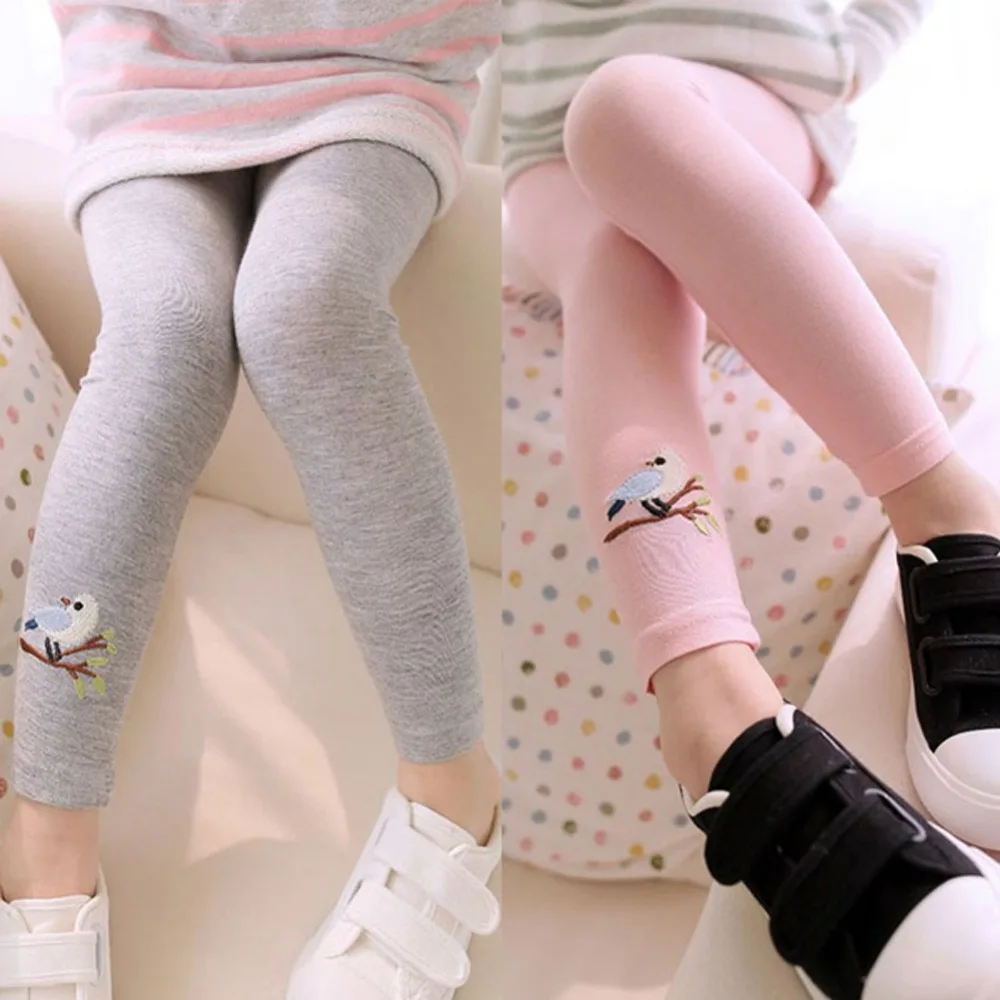Стрейчевые леггинсы для маленьких девочек штаны с птицами и вышивкой штаны ярких цветов для детей 2-6 лет