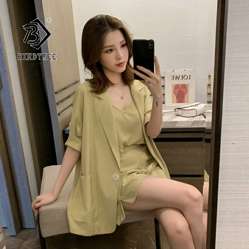 

2019 Summer Women's Shirt Short Pant Suit Three-piece Half Sleeve Thin High Waist Design Fashion Office Lady Hot Sale S96614D
