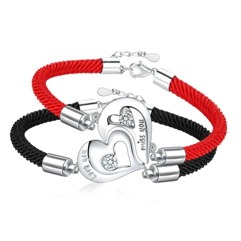 

KOFSAC Fashion 925 Silve Bracelet Red Rope Concentric Lock Double Love Heart Bracelets For Men Women Couple Bangle Jewelry Gift