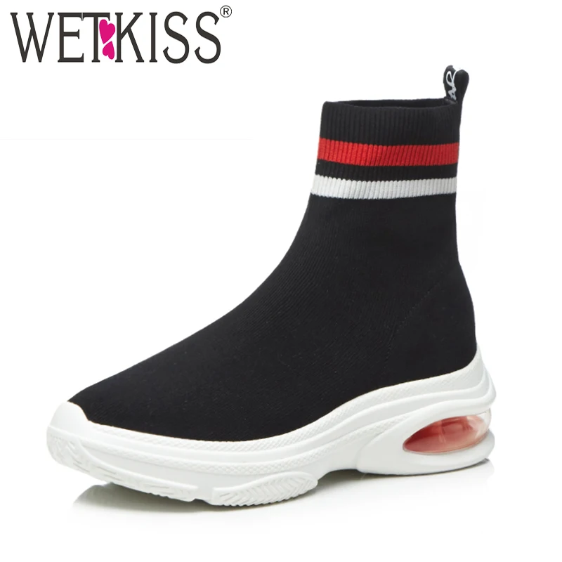 

WETKISS Knitting Stretch Women Sock Boots Round Toe Footwear Ankle Female Bootie Casual Platform Autumn Shoes Woman 2018 Black