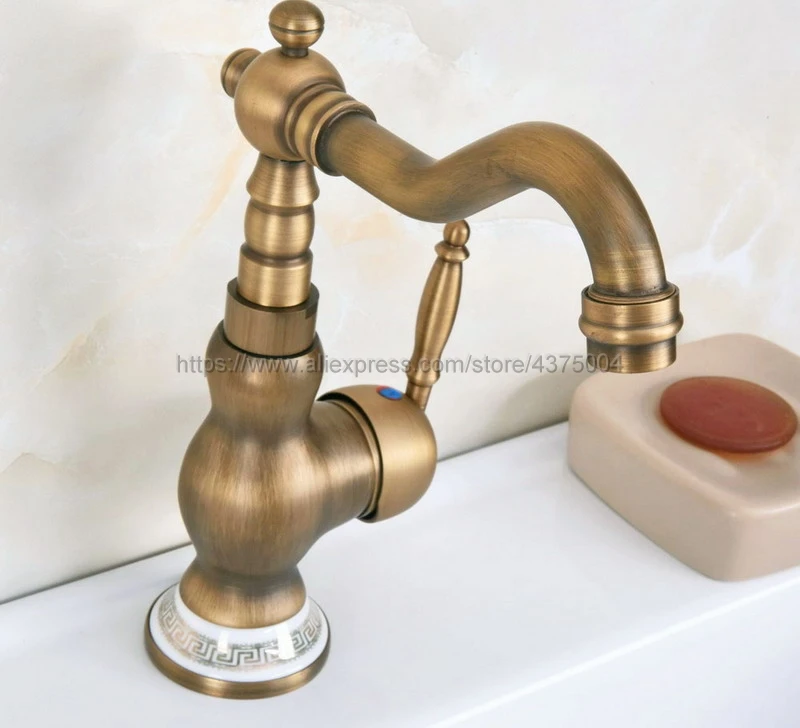 Deck Mounted Antique Brass Single Handle Hole Bathroom Sink Mixer Faucet Hot and Cold Water Mixer Tap Nnf612