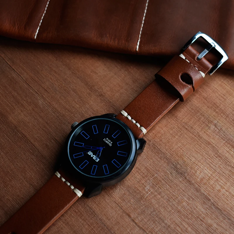 Onthelevel handmade leather genuine strap 22mm brown aircraft buckle leather strap hand-stitched wax line 2018 new