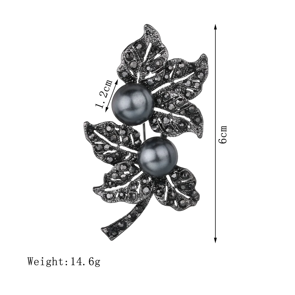 Terreau Kathy, ювелирное изделие, черный пистолет, покрытая брошь из искусственного жемчуга на булавке, винтажный со стразами, двойные броши в виде листьев для женщин, подарок