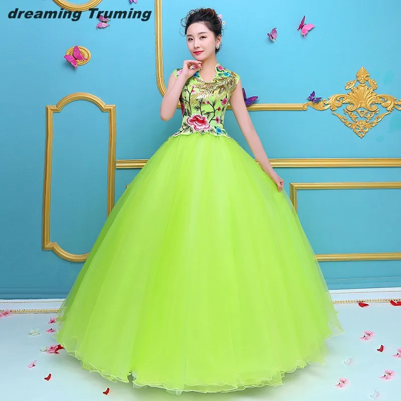 Зеленый лайм Quinceanera платье для 15 лет дешевые вышитая кружевная тюль на спине Пол Длина Vestidos De 15 Anos