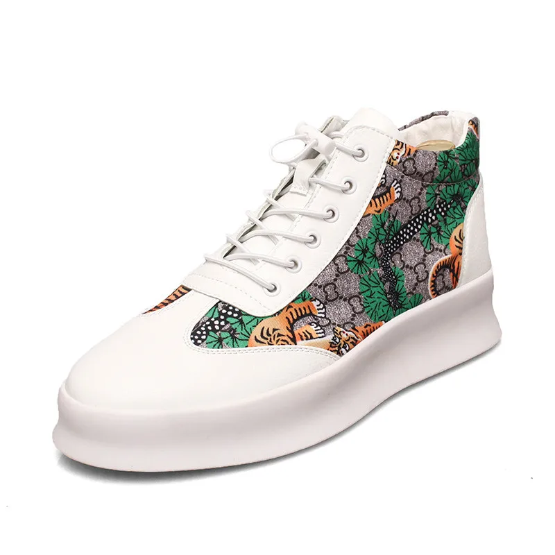 Buonoscarpe/Новинка; Летняя мужская модная обувь; высокие кроссовки с принтом тигра; Повседневная Высокая обувь; Мужская обувь из микрофибры с эластичным ремешком - Цвет: white