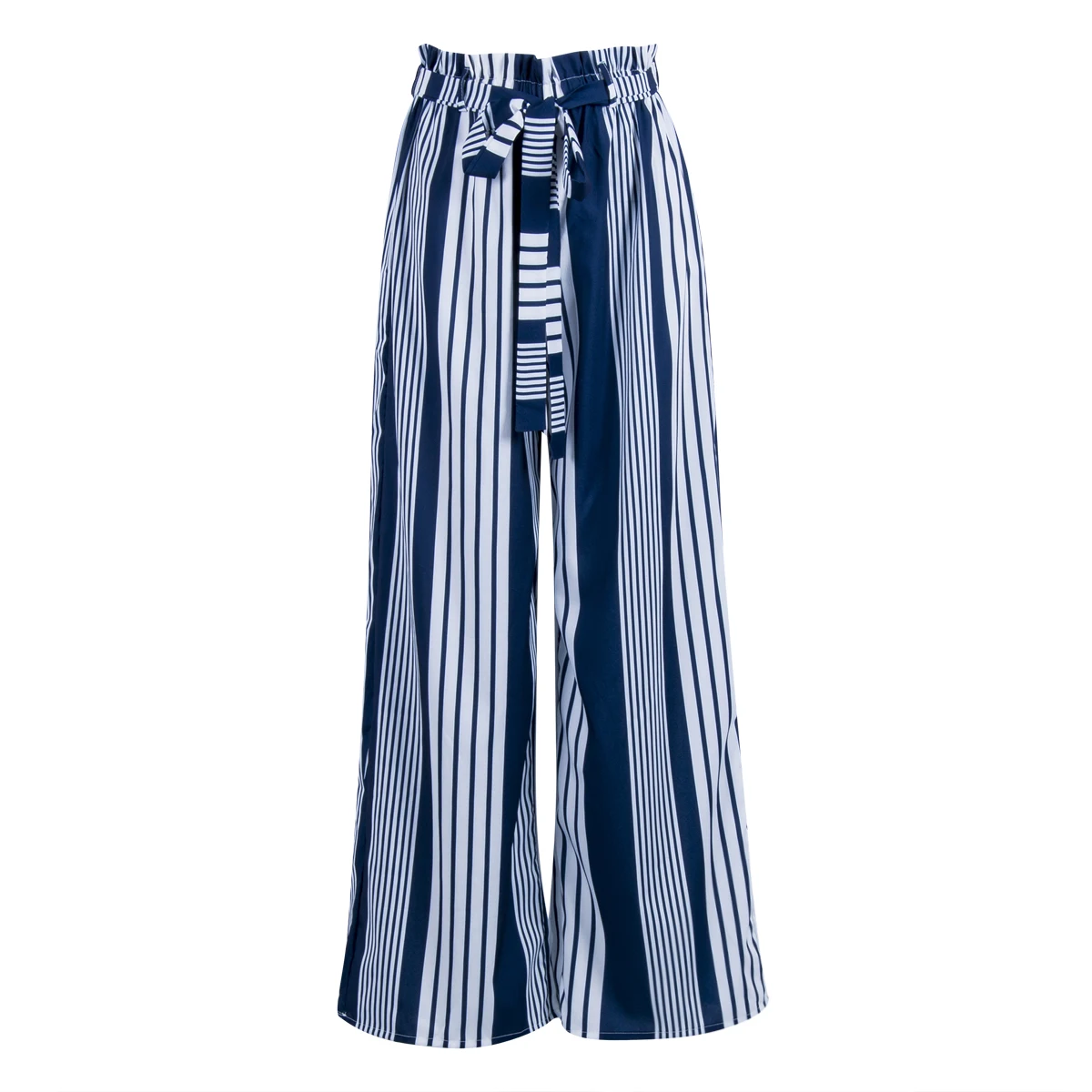

Fashion Women Striped Wide Leg Trousers Ladies Sashes Casual Loose Pant