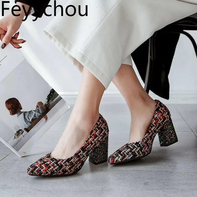 

Women's Pumps High Heels Shoes 2018 Spring Autumn Jacquard Fabric Pointed Toe Sexy New Fashion Casual Office Party Wedding Black