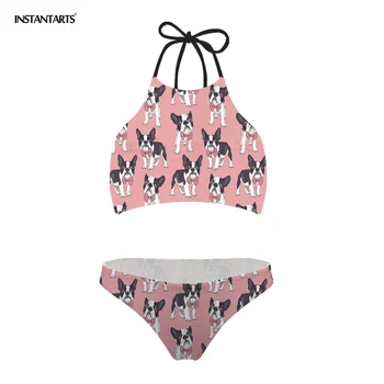 

INSTANTARTS 2018 Summer NEW Dog Print Push up High Neck Sexy Bikinis Set String Women Swimwear Girls Swimsuit Bathing Suit Beach
