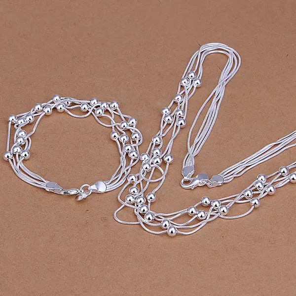 

S063 Wholesale, free shipping 925 silver jewelry set, fashion jewelry set Five Lines Of Bean Two-Piece Jewelry Set