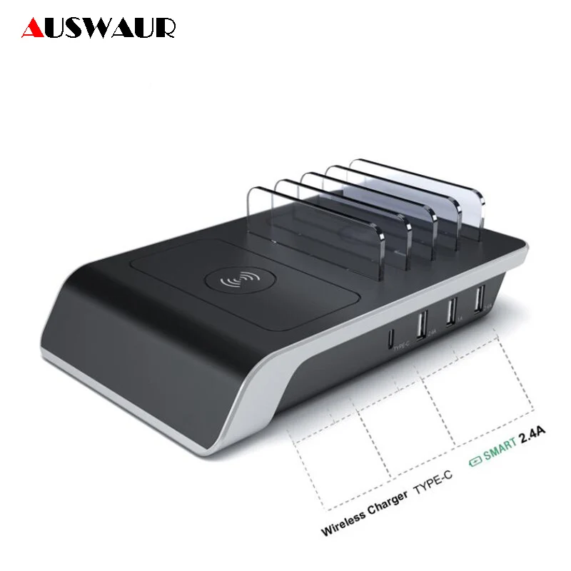 

4 Ports USB Desktop Charging Station Dock Cradle for Mobile Tablet Multi-port Stand Charger Station With Wireless Charger