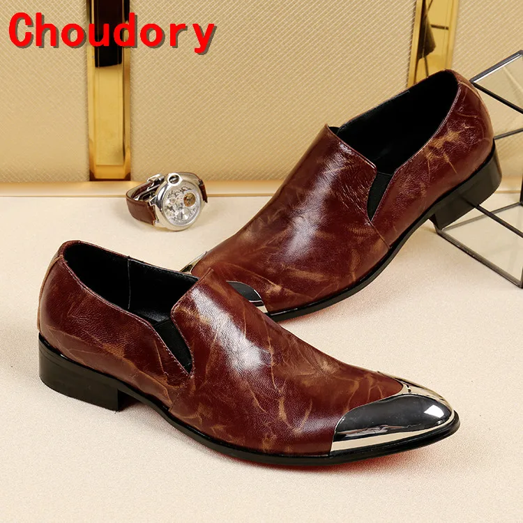 Choudory chaussure homme/летнее свадебное платье ручной работы; мужские итальянские кожаные туфли; Лоферы без застежки со стальным носком на среднем каблуке